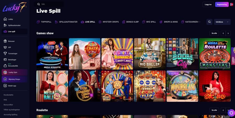 Lucky7even live casino utvalg