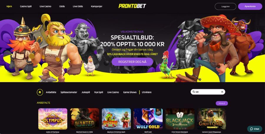 Den norske startsiden hos ProntoBet