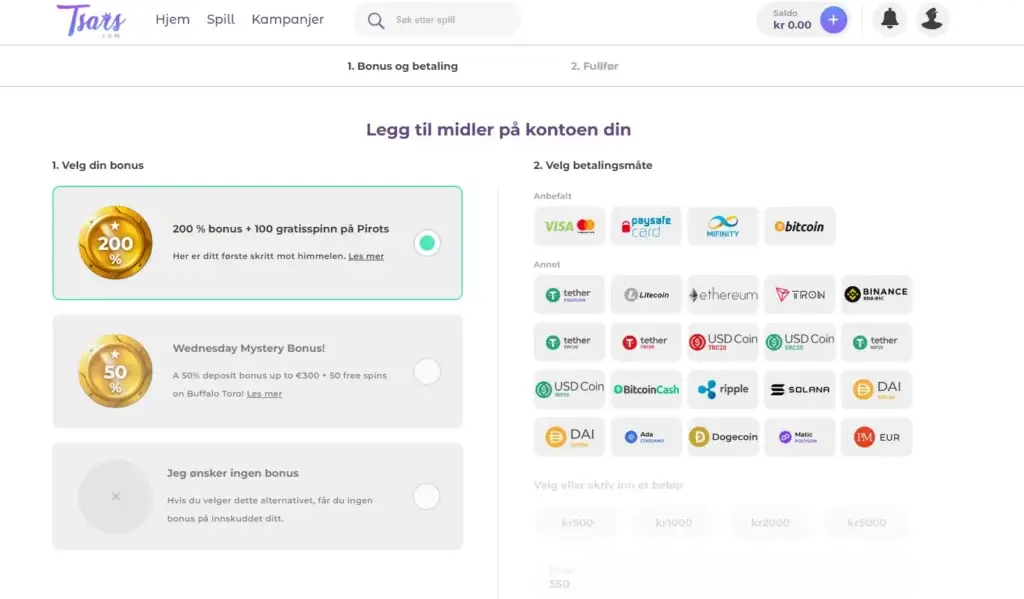 Rikholdig innskuddsmeny på Tsars. Visa og Mastercard, MiFinity eWallet og mange kryptovalutaer.