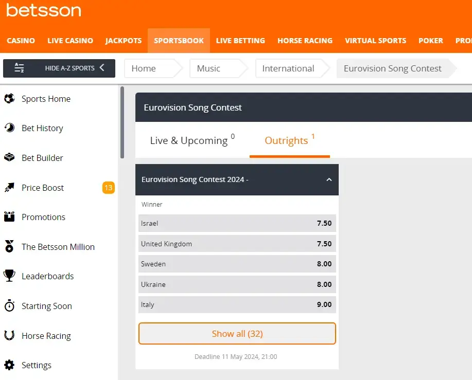 Betsson skjermbilde Israel odds eurovision Melodi Grand Prix
