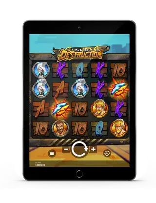 Fist of Destruction fra Hacksaw gaming ny slot februar 2024 illustrert på ipad nettbrett