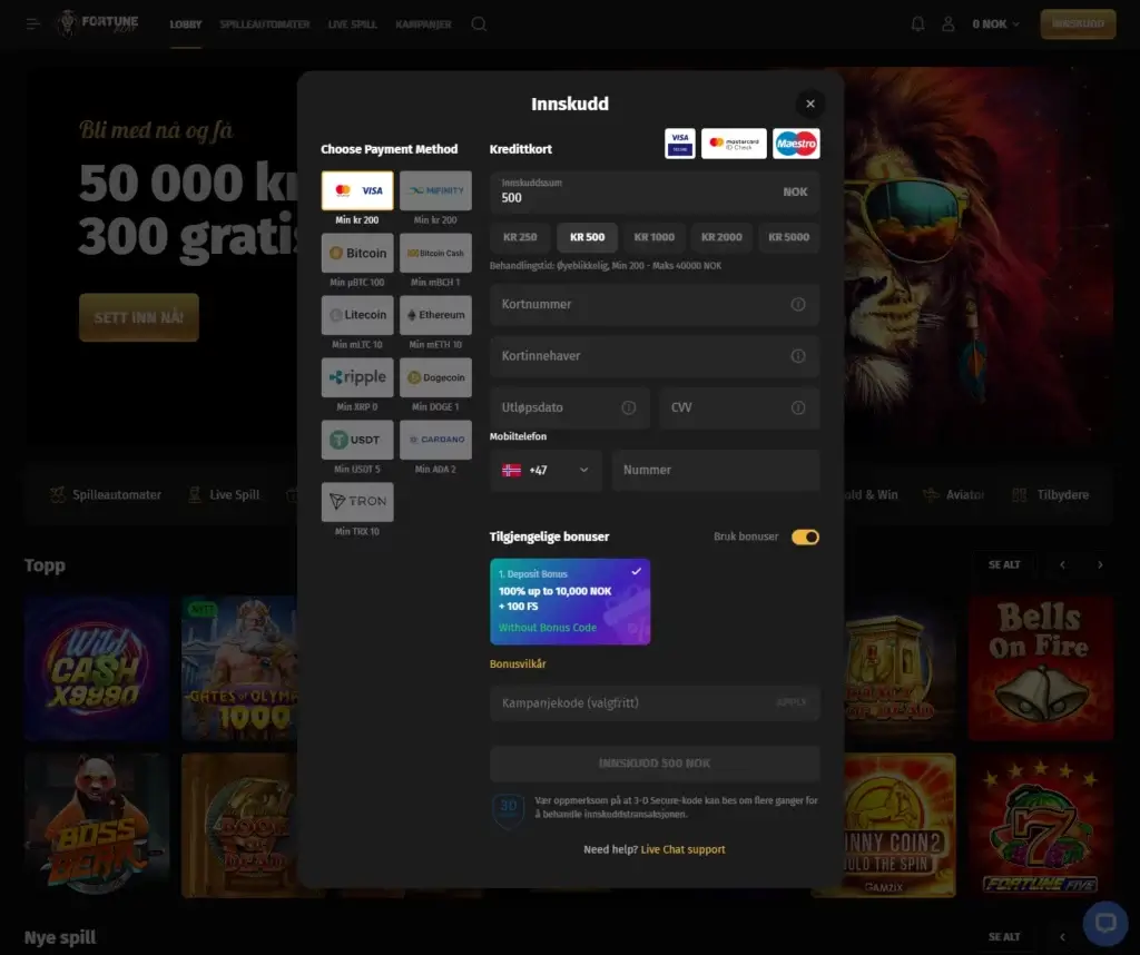 fortune play, forste innskudd