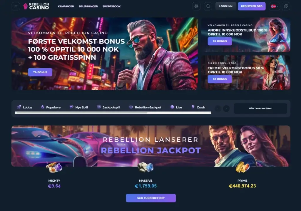 Besøk Rebellion Casino sin forside