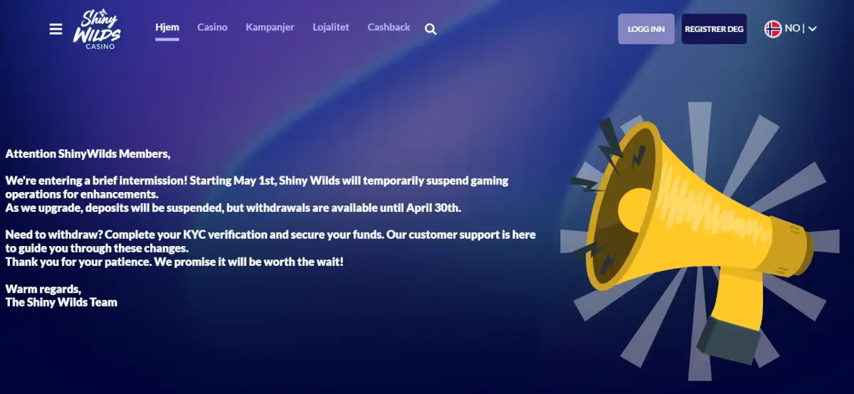 shiny wilds online casino plakat på fremsiden som annonserer nedstenging.