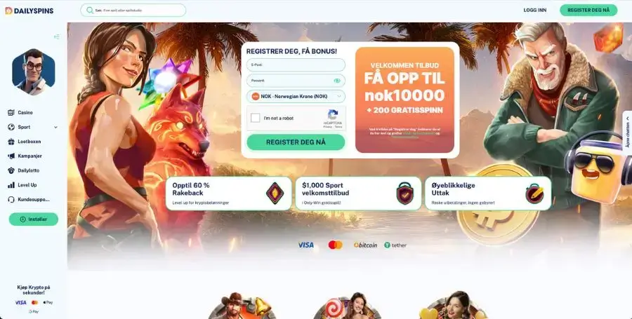 Startsiden hos Dailyspins