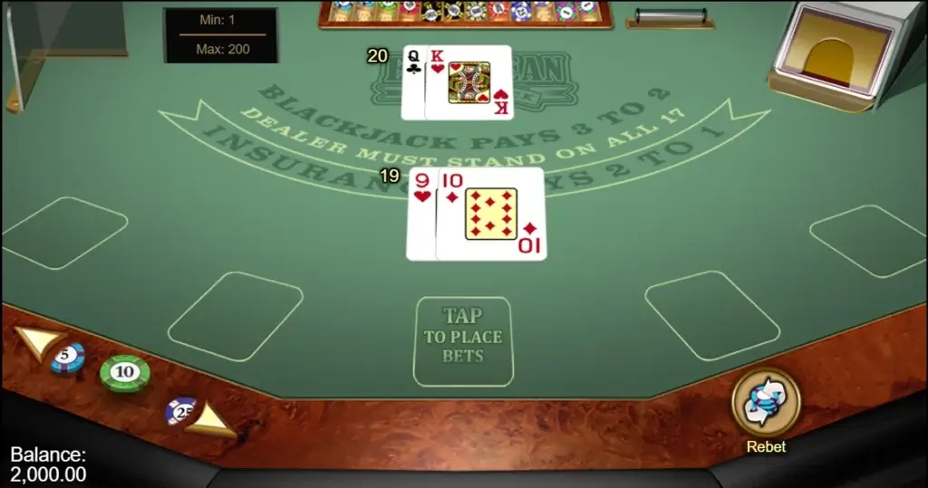 Første hånd i Martingale Blackjacksystem 