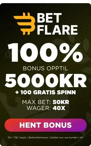 Betflare casino bonuspanel som viser velkomsttilbudet
