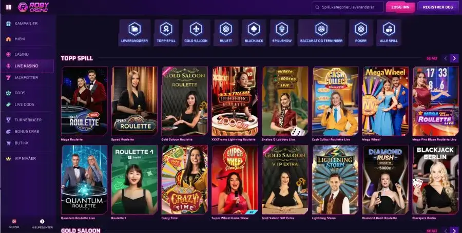 Robycasino live casino utvalg