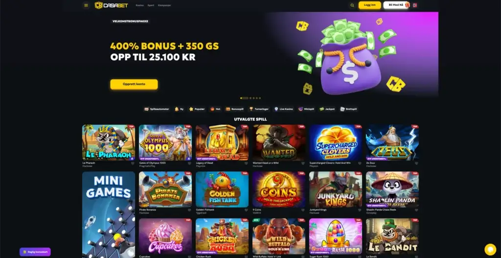 Forsiden til Casabet Casino med velkomstbonus og registrering