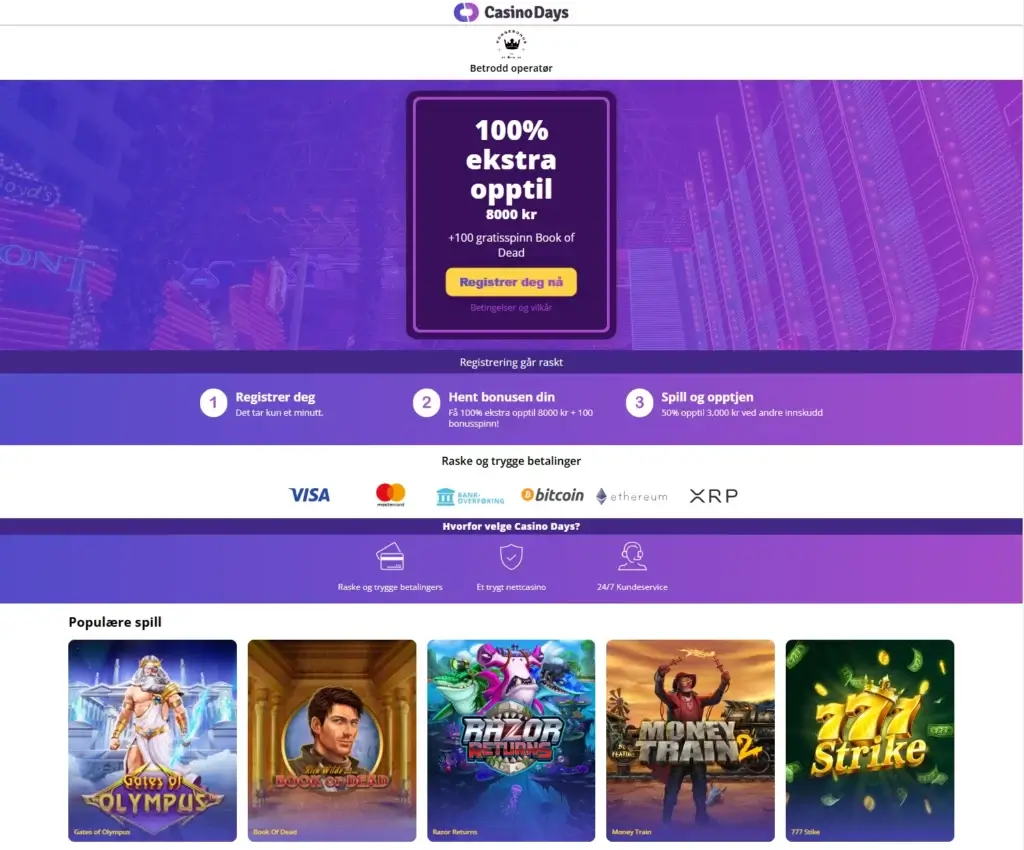 Casino Days’ forside, et casino med best utbetaling og rask tilgang til gevinstene.